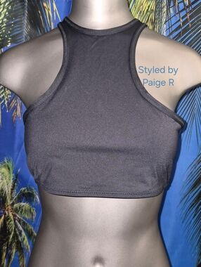 💕NWT SKIMS Recycled Swim High Neck Racerback Bikini Top Black ONYX L